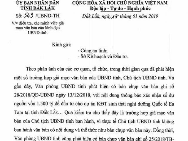 Giả mạo văn bản UBND tỉnh và ngân hàng thực hiện dự án 1.500 tỷ