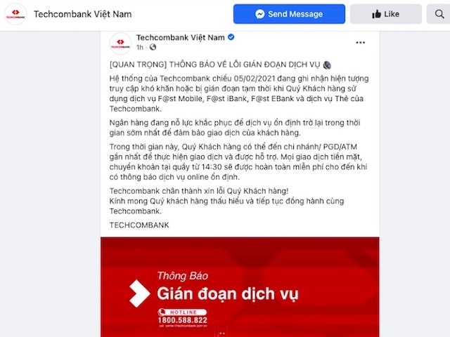 Techcombank gián đoạn dịch vụ ngày cận Tết, thanh toán online bị từ chối