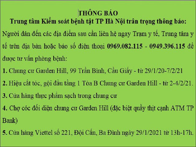 Hà Nội thông báo khẩn, tìm người đến 5 địa điểm sau