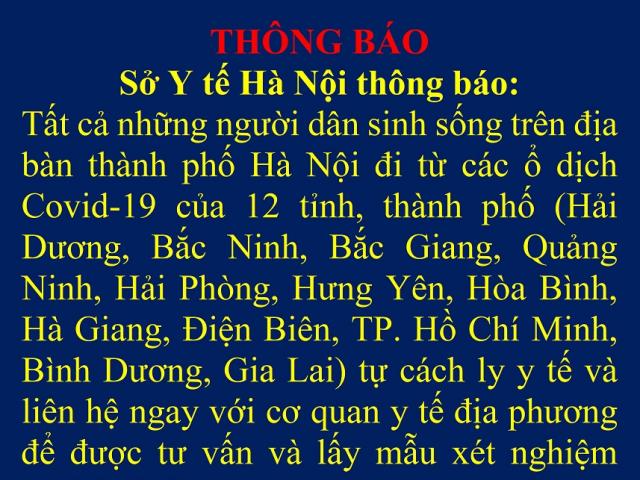 THÔNG BÁO: Người trở về Hà Nội từ 12 tỉnh/thành có ổ dịch phải xét nghiệm SARS-CoV-2