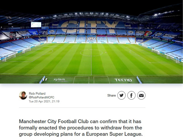 Super League đón cú sốc: Man City chính thức rút lui, trở lại đá Ngoại hạng Anh