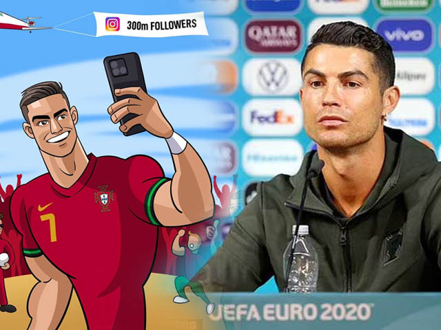 Ronaldo gạt chai nước ”gây bão” EURO, cán mốc 300 triệu người ”theo dõi”