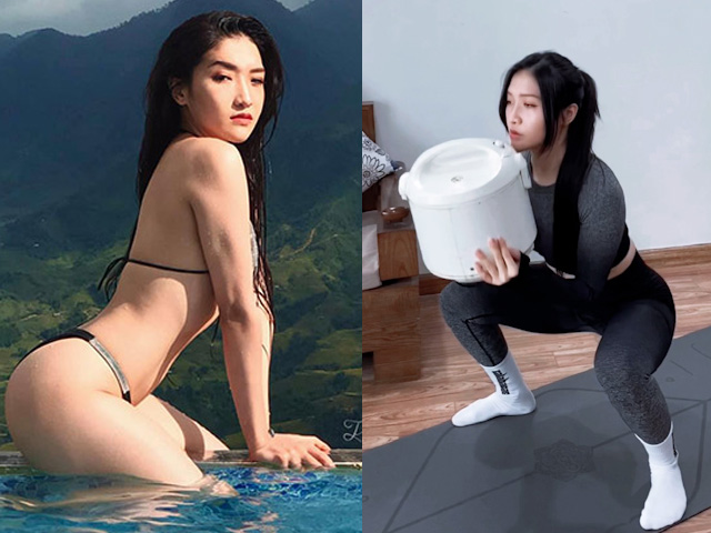 Hot girl Gym Trang Trit vòng ba 94 cm dùng nồi cơm điện thay tạ tập ở nhà mùa dịch
