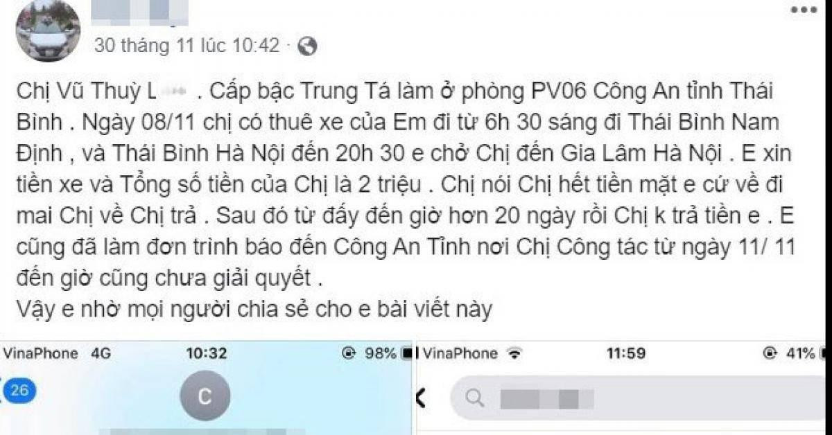 Nữ trung tá công an Thái Bình bị tố ”quỵt” tiền xe trần tình gì?