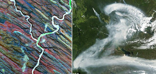 Sông Ugab có hình chữ “Y” ở Namibia &#40;trái&#41;, trong khi vệ tinh Aqua của NASA chụp được khói có hình chữ “Z” &nbsp;từ đám cháy rừng ở Canada.