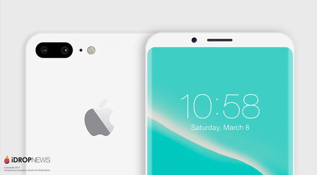 Chiếc iPhone 8 concept màu trắng này của Benjamin Geskin ra đời dựa trên những tin đồn về một phiên bản kỷ niệm 10 năm của Apple.