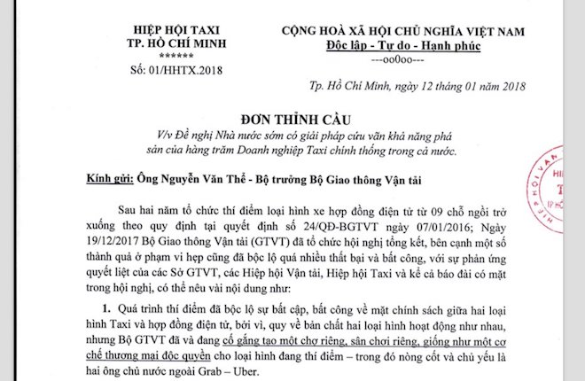 Hiệp hội taxi TP.HCM gửi đơn “thỉnh cầu” Bộ trưởng GTVT trong vụ Grab, Uber - 1