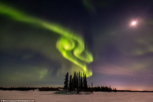 Ánh sáng bắc cực quang cuộn xoáy trên bầu trời tại thành phố Yellowknife, Canada.
