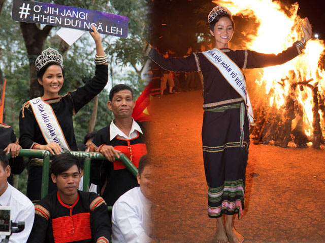 Người mẫu - Hoa hậu - H'Hen Niê "cưỡi" công nông về buôn, đi chân đất nhảy múa