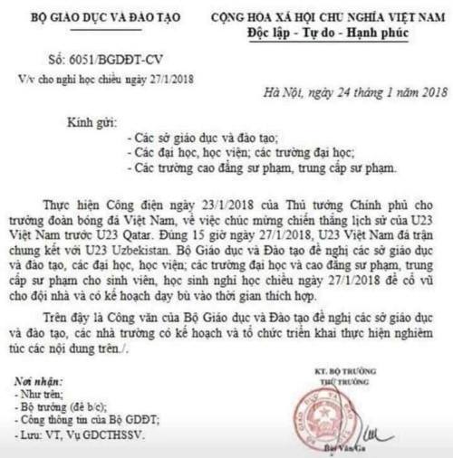Nóng 24h qua: Xuất hiện công văn giả Bộ GD-ĐT cho học sinh nghỉ cổ vũ U23 Việt Nam - 1