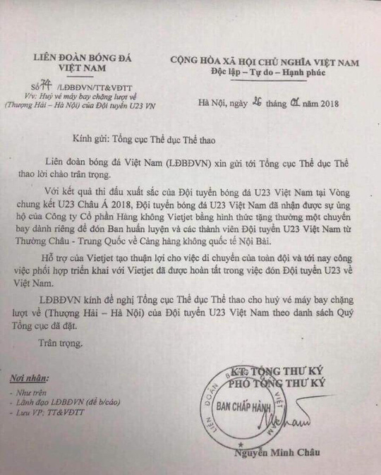 Vì sao VFF đề nghị hủy chuyến bay ở phút chót của U23 Việt Nam? - 1