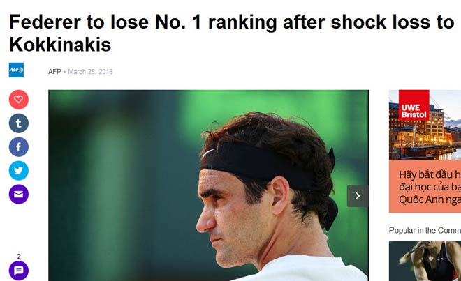 Federer thua sốc ở Miami, mất ngôi số 1: Báo chí cũng ngã ngửa - 1