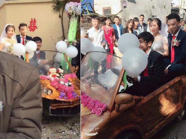 Bạn trẻ - Cuộc sống - Chú rể Hà Nội rước dâu bằng “siêu xe” gỗ tự chế gây sốt