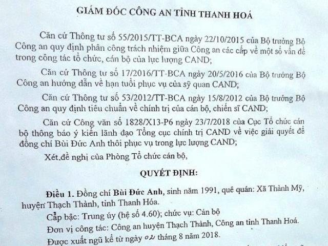 Tin tức trong ngày - Công an Thanh Hoá lên tiếng vụ trung úy xuất ngũ sau gần 10 năm công tác