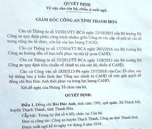 Công an Thanh Hoá lên tiếng vụ trung úy xuất ngũ sau gần 10 năm công tác - 1