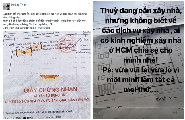 Đầu năm 2018, Hoàng Thùy đã chia sẻ việc tìm chủ thầu xây dựng căn nhà hiện tại. Chân dài 9X cho biết, mảnh đất này cô đã mua khá lâu nhưng do bận tham gia cuộc thi nhan sắc và công việc riêng nên chưa sắp xếp xây nhà. "Chỉ là ngôi nhà nhỏ nhỏ, xinh xinh thôi. Khi nào hoàn thiện tôi sẽ chụp hình và khoe với mọi người”, Hoàng Thuỳ tiết lộ.