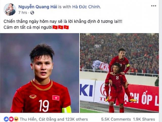 Vùi dập U23 Thái Lan 4 bàn không gỡ, Quang Hải, Đức Chinh viết gì trên Facebook?