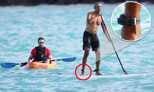 Vật thể lạ mà ông Obama đeo ở cổ chân khi chèo thuyền thực chất là vòng "cảnh báo cá mập" (Ảnh: Daily Mail)
