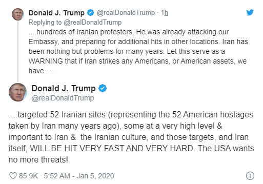Ông Trump cảnh báo tấn công 52 mục tiêu của Iran.