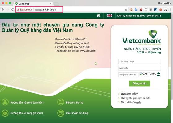 Một trang web giả mạo ngân hàng để đánh cắp thông tin. Ảnh: TIỂU MINH