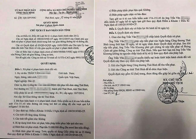 Quyết định xử phạt hành chính đối với lái xe ô tô vi phạm nồng độ cồn