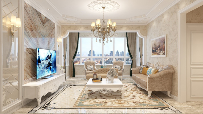 Tận dụng chi tiết hoa văn của mặt đá ốp tường, vật liệu kính cùng tông trắng chủ đạo để đồng điệu với thiết kế tinh tế của OLED TV C9