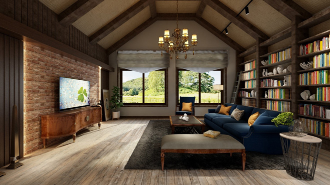 Bí quyết trong mẫu thiết kế này chính là chi tiết đèn âm phát sáng tại mảng gạch tường tạo liên kết hiện đại cùng mẫu TV LG OLED E9