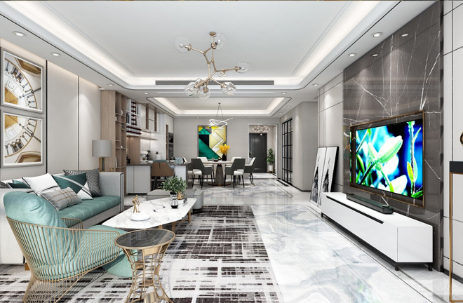 Các chi tiết kim loại trên đèn trần, kính trang trí, bàn, sofa, kệ tủ TV, mảng đá trắng đã được tính toán, tạo không gian nội thất hiện đại cùng mẫu TV LG OLED C9