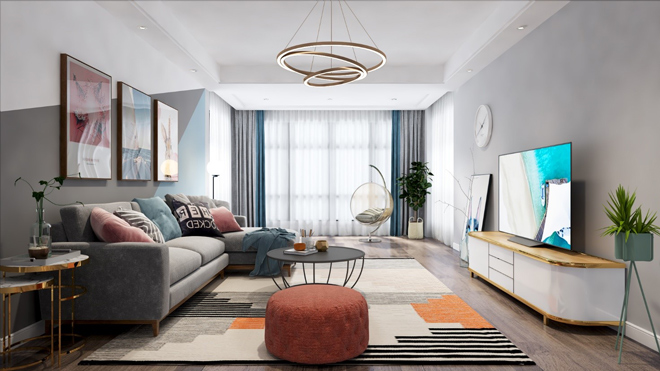 Mảng nhấn tường với tông lạnh, phẳng, kệ gỗ sồi đơn giản mặc nhiên ăn khớp với thiết kế tinh tế, nhẹ nhàng của OLED TV B9. Sự sắp đặt đôi khi là gặp nhau ở ý tưởng