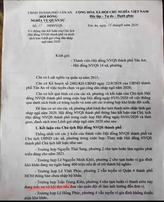 Thông báo của Hội đồng nghĩa vụ quân sự TP Tân An