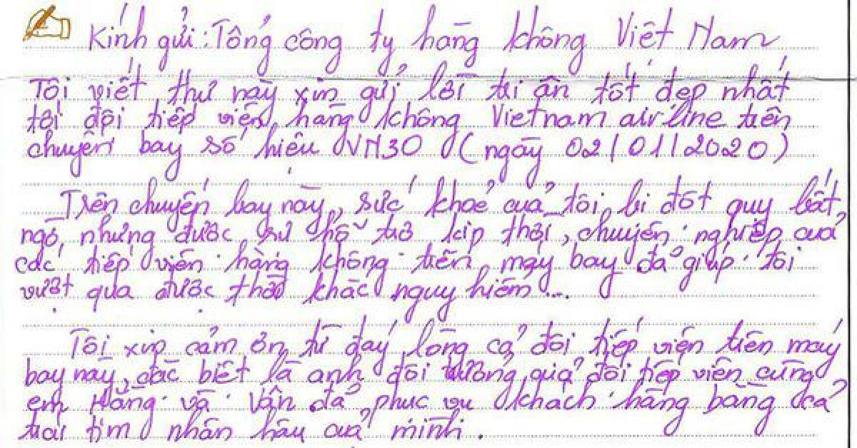 Tin tức trong ngày - Bức thư của hành khách bị đột quỵ trên máy bay đi TP HCM