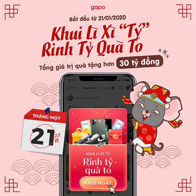 Gapo “chơi lớn” khi lì xì người dùng bằng iPhone 11 Pro, giày hoa cúc biểu tượng của G-Dragon và hàng ngàn voucher ăn uống, nghỉ dưỡng, làm đẹp...