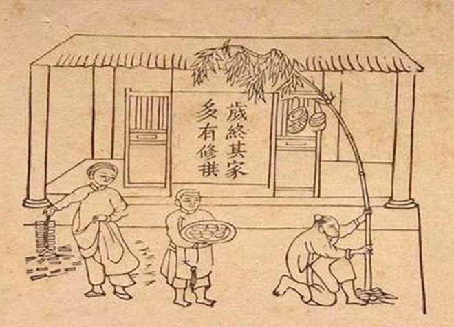Dựng nêu, đốt pháo ngày tết, tranh ký họa đầu thế kỷ 20 của Oger.