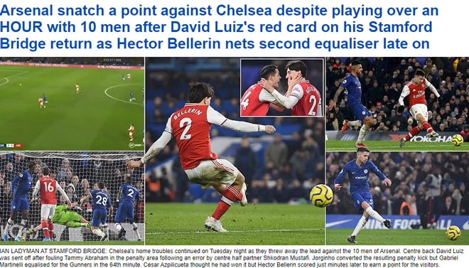 Tờ Daily Mail nhấn mạnh Arsenal phải chơi 10 người trong 1 tiếng đồng hồ nhưng vẫn kiếm được 1 điểm