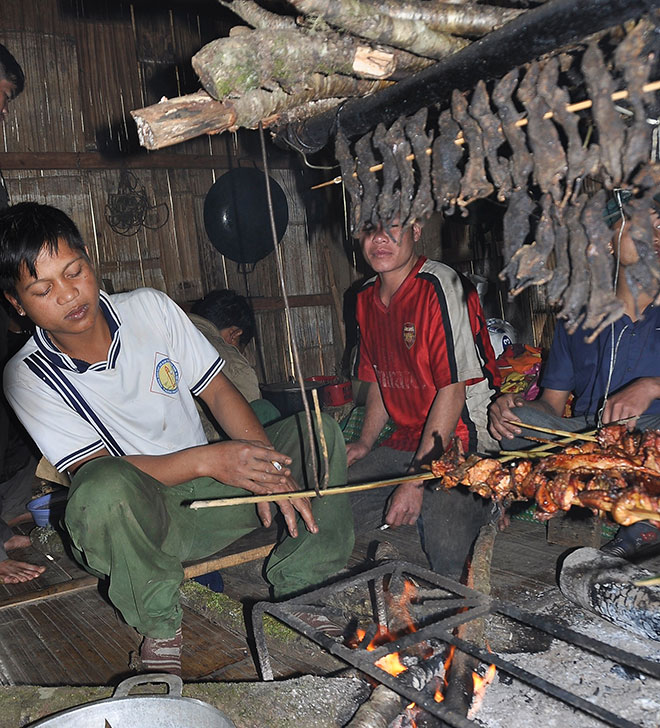 Chuột “quý tộc” được bắt về làm thịt sạch sẽ rồi gác trên bếp lửa.