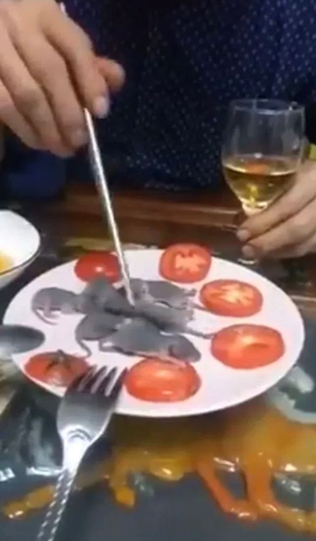 Người đàn ông khá thích thú với món chuột bao tử sống.