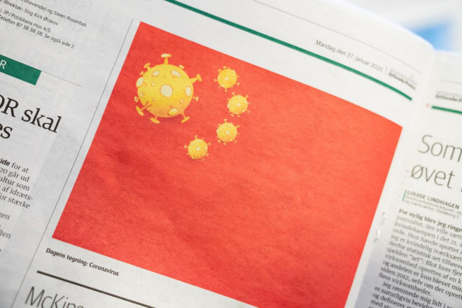 Bức biếm hoạ vẽ lá cờ Trung Quốc với năm ngôi sao màu vàng là các virus corona. Ảnh: Reuters