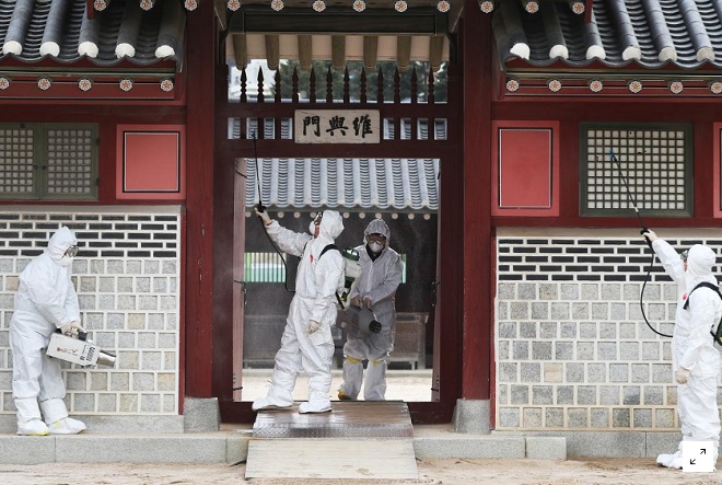Nhân viên y tế Hàn Quốc tẩy trung một cung điện cổ ở Suwon hôm 30.1.