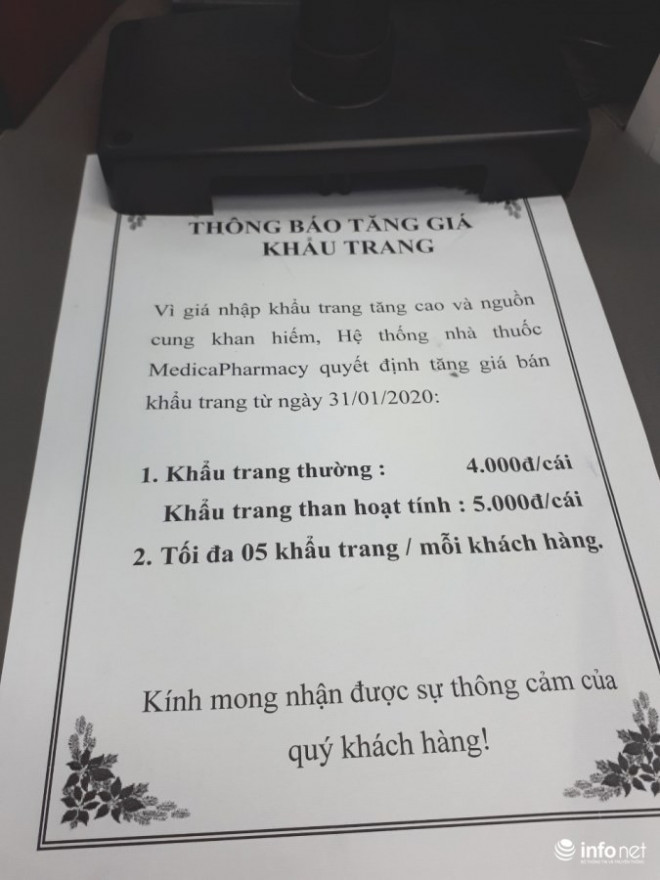 Nhiều cửa hàng thuốc còn khẩu trang bán đều có thông báo tăng giá bán gấp đôi bình thường.