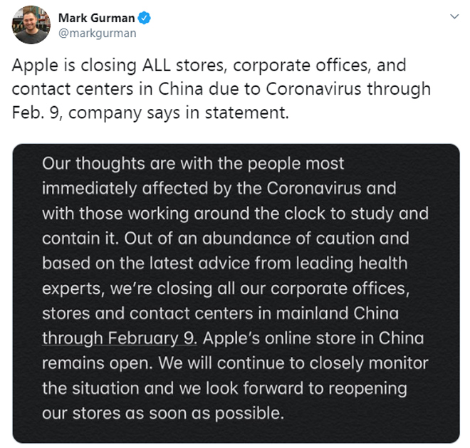 Apple đã đóng cửa tất cả các văn phòng và cửa hàng tại Trung Quốc cho đến ngày 09/02.