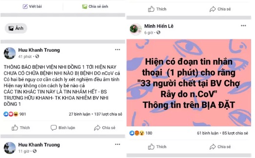 Các bác sĩ của BV Nhi Đồng 1 và BV Chợ Rẫy đăng status trên facebook bác bỏ các tin đồn nhảm. (Ảnh: NLĐ)