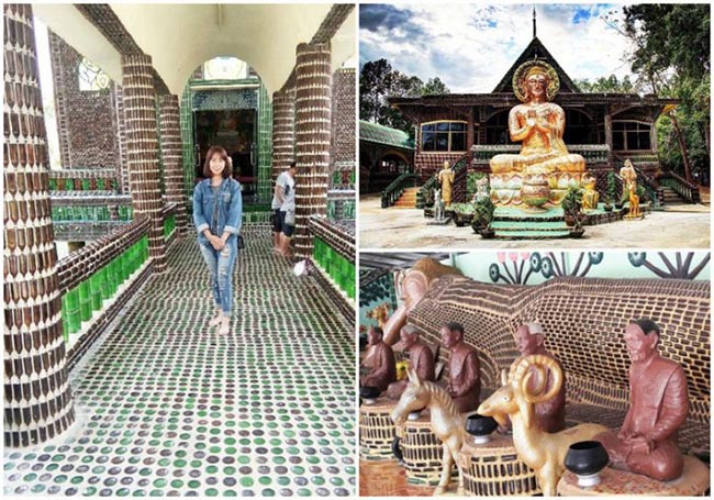 Wat Larn Kuad, Sisaket: Ngôi đền thân thiện với môi trường này còn được gọi là Đền triệu chai, bởi được làm bằng gần 1,5 triệu chai bia thủy tinh tái chế (chủ yếu là chai Heineken và Chang Bia).
