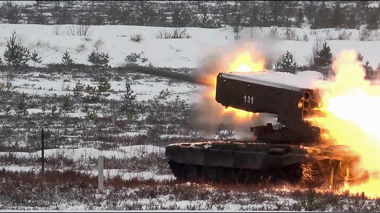 Pháo phản lực TOS-1A chuyên được Nga dùng để diệt bộ binh trên diện rộng.