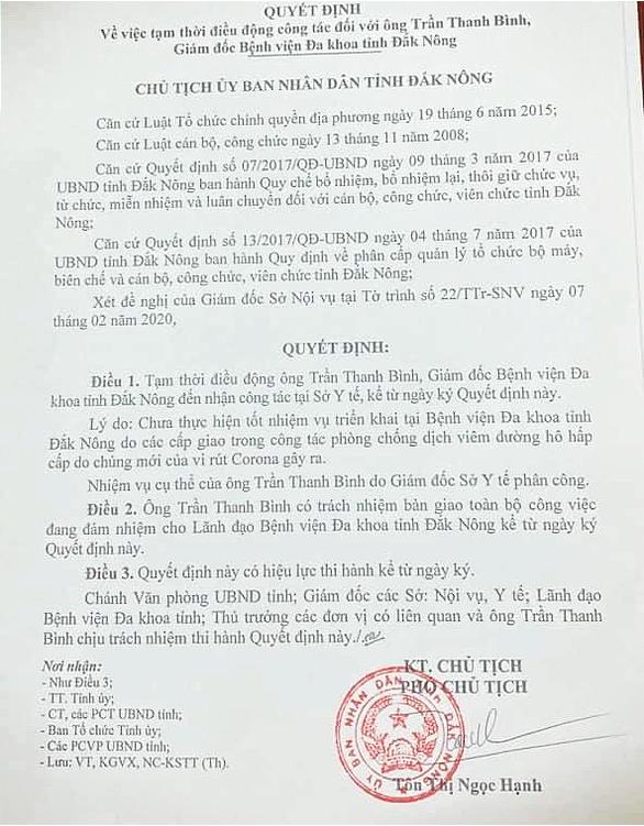 Quyết định tạm điều động Giám đốc Bệnh viện Đa khoa tỉnh Đắk Nông
