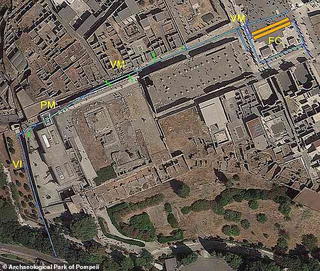 Bản đồ "thê giới ngầm" (đường kẻ màu xanh) - ảnh: CÔNG VIÊN KHẢO CỔ POMPEII