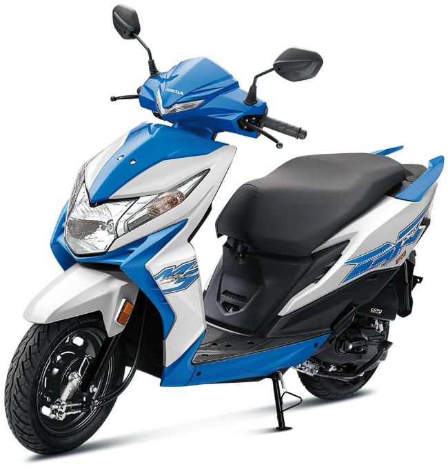 Về mặt cơ khí, Honda Dio mới trang bị động cơ 110cc, đạt chuẩn BS6, phun xăng điện tử FI đi kèm với công nghệ Honda Eco Technology (HET – Công nghệ xanh Honda). Ảnh 2020 Honda Dio bản tiêu chuẩn màu xanh trắng.
