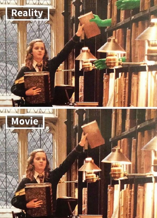 Trong phần phim "Harry Potter và Hoàng tử lai", cảnh cô nàng chăm chỉ Hermione dùng phép thuật để lấy cuốn sách trên giá cao của thư viện khiến fan trầm trồ. Thế nhưng sự thật lại được một người trong ê-kíp phim giúp đỡ và đương nhiên khi lên phim, những người đó sẽ được xóa đi.