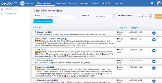 Tính năng gửi tin nhắn hàng loạt của https://codon.vn được các chủ Shop yêu thích