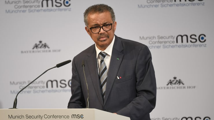 Tổng Giám đốc Tổ chức Y tế Thế giới Tedros Adhanom Ghebreyesus phát biểu tại&nbsp;Hội nghị An ninh Munich ở Đức. Ảnh: CNBC