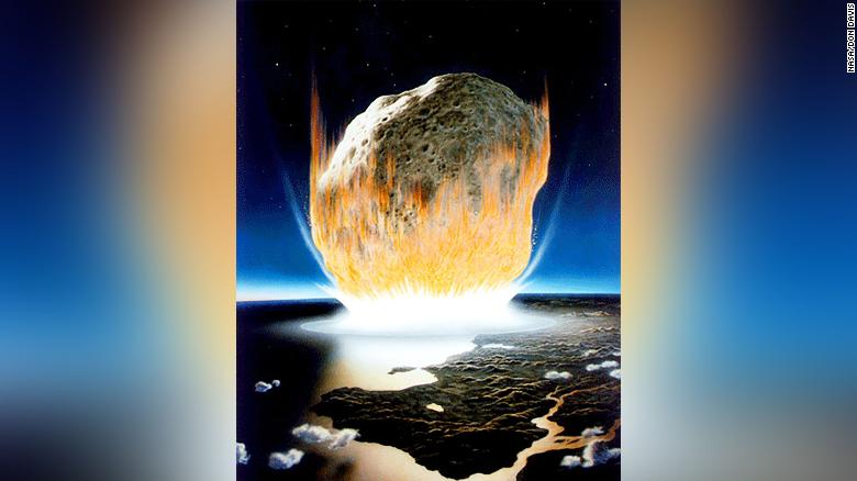 Mô phỏng khoảnh khắc thiên thạch khổng lồ đâm xuống Trái đất cách đây 66 triệu năm.
